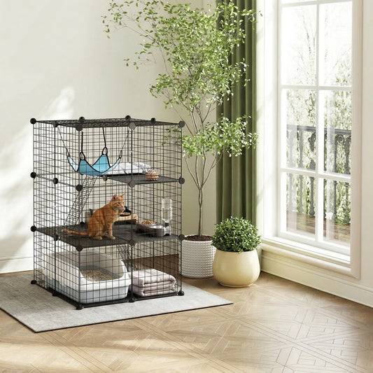 PawHut Indoor Cat Cage DIY Customizable 3-Tier Indoor Cat Enclosure with 3 Doors and Hammock 105 cm Black