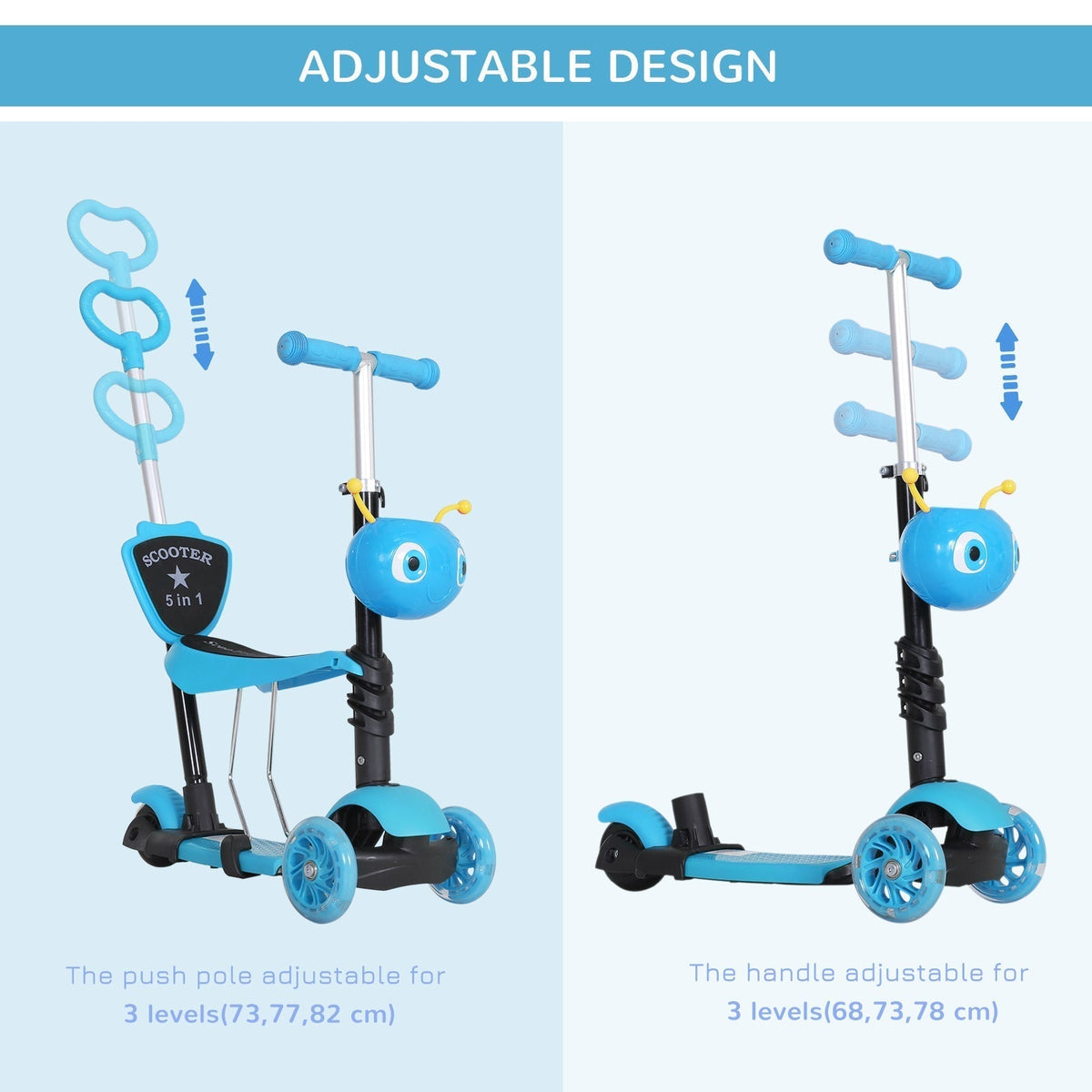 HOMCOM Adjustable Kids Toddler Scooter, with Removable Seat, Back Handle, Blue