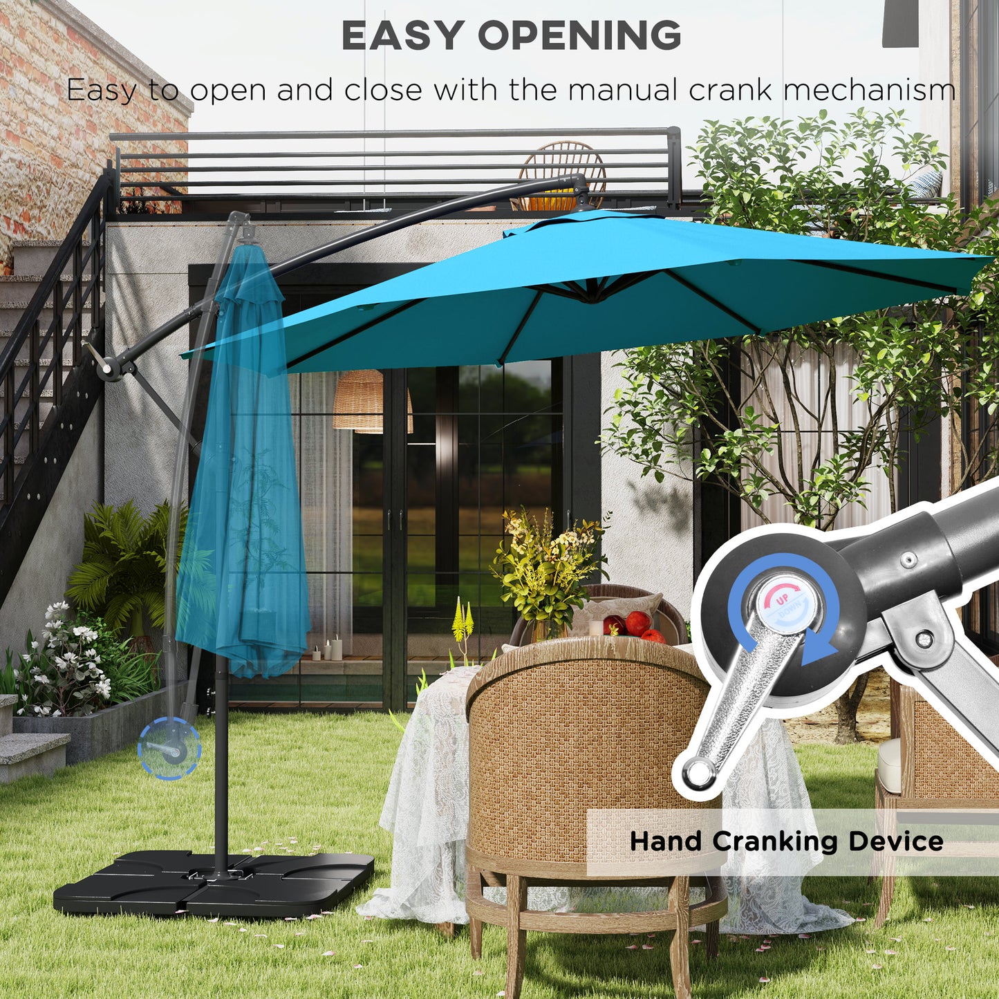 Outsunny 3m Overhanging Parasol, with Base, Weights and Cover - Blue