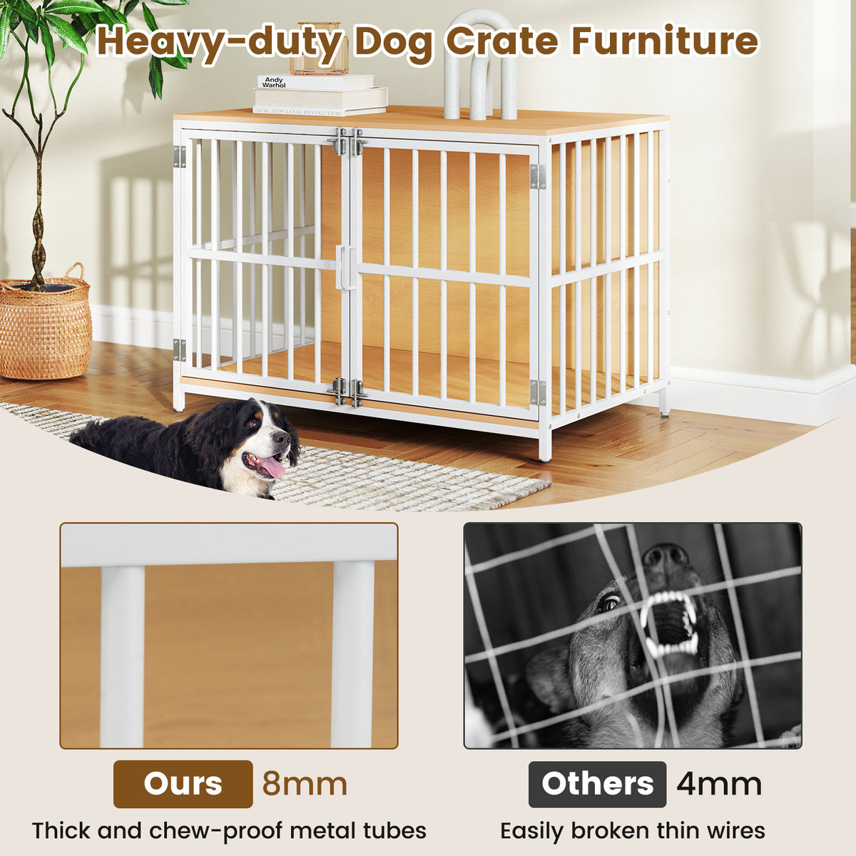 Close-up comparison of metal bars for the dog kennel furniture, showing thickness and durability