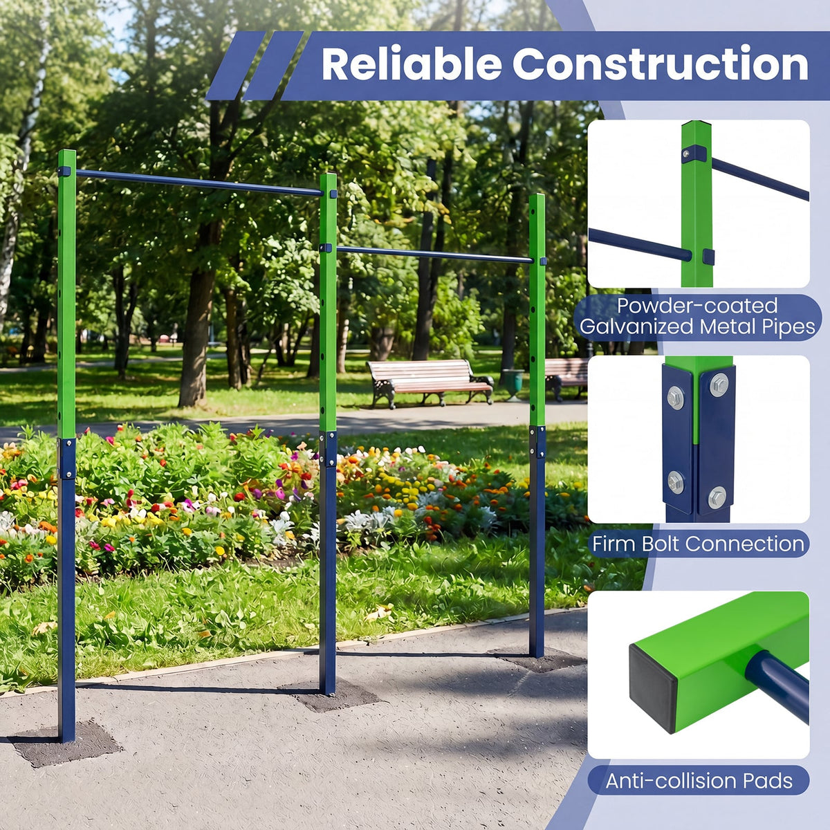 Close up of the construction of the blue and green pull up bar station
