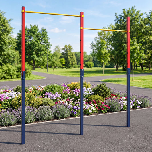 The pull up bar station set up in a park with colourful flower beds and green grass