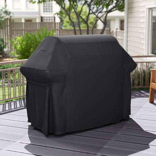 the outdoor grill cover is shown on a barbecue on a wooden deck