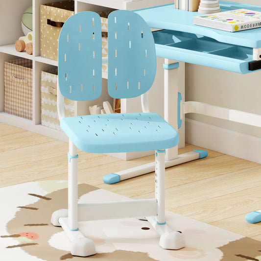 Blue kids desk chair with double back support in a child's room next to a desk