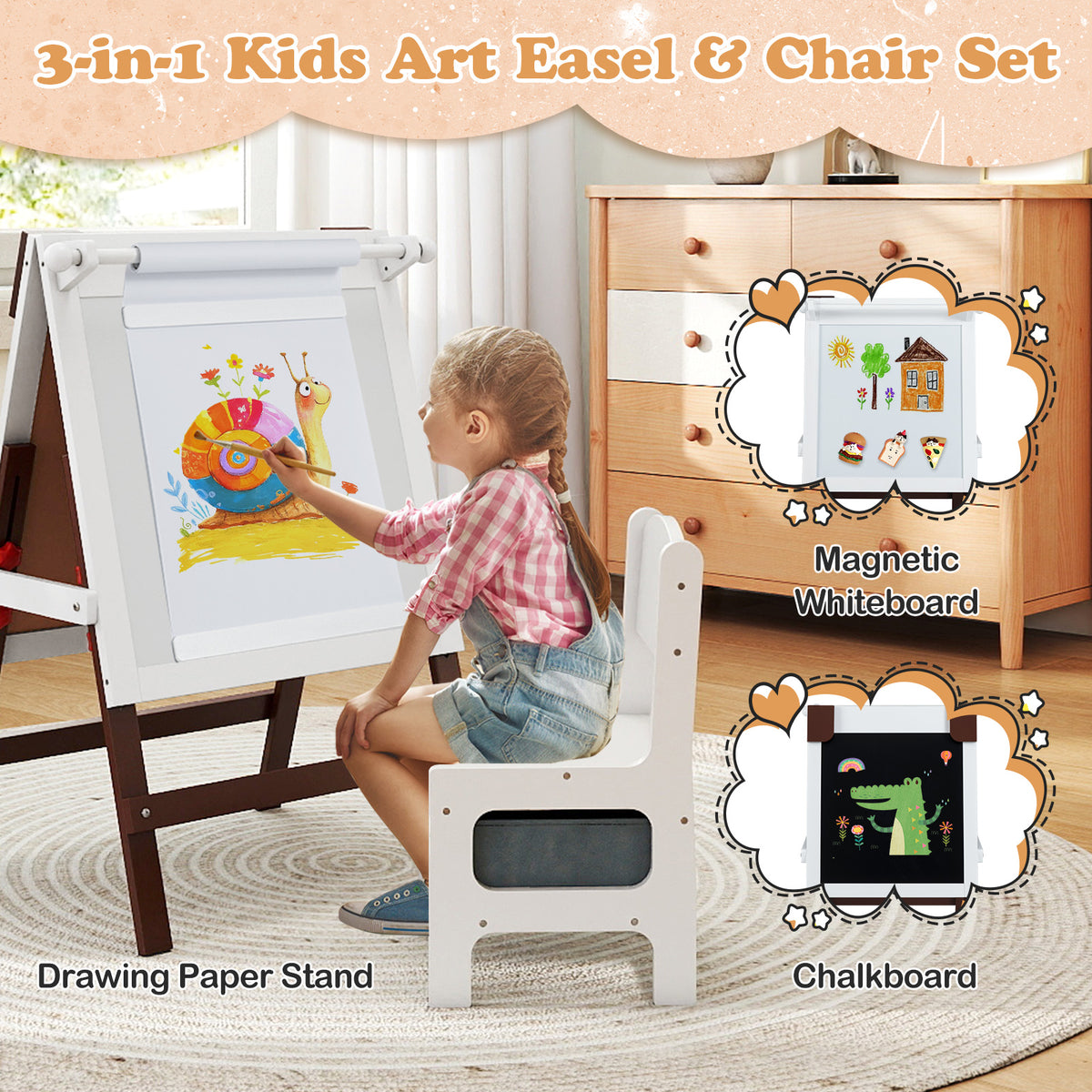 a child sitting on the chair drawing on the art easel with whiteboard and chalkboard inserts