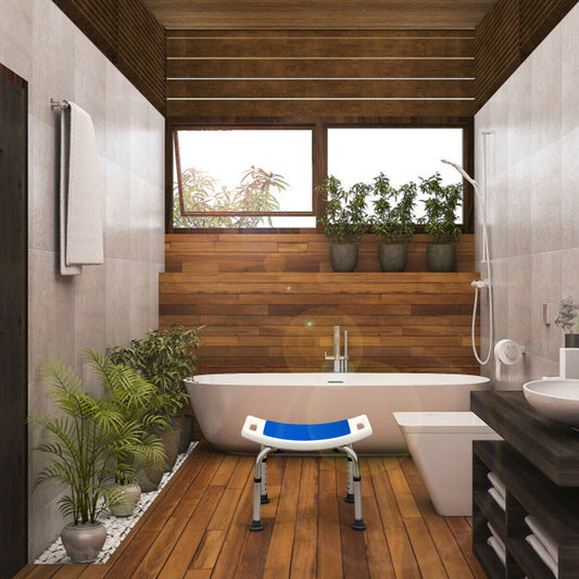 The shower stool placed in a modern bathroom beside a bathtub