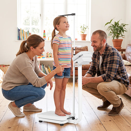 The health care scale being used by a young girl with her parents in a living room