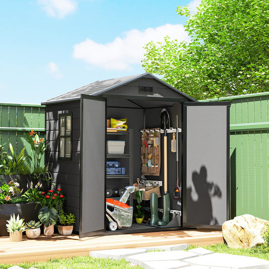 حظيرة تخزين للحديقة من Outsunny مقاس 6'x4.5'، حظيرة حديقة قابلة للقفل ببابين مزدوجين، نافذة، فتحة تهوية وسقف بلاستيكي، رمادي داكن