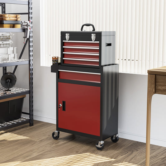 HOMCOM Two-Part Tool Storage Chest on Wheels in Black and Red