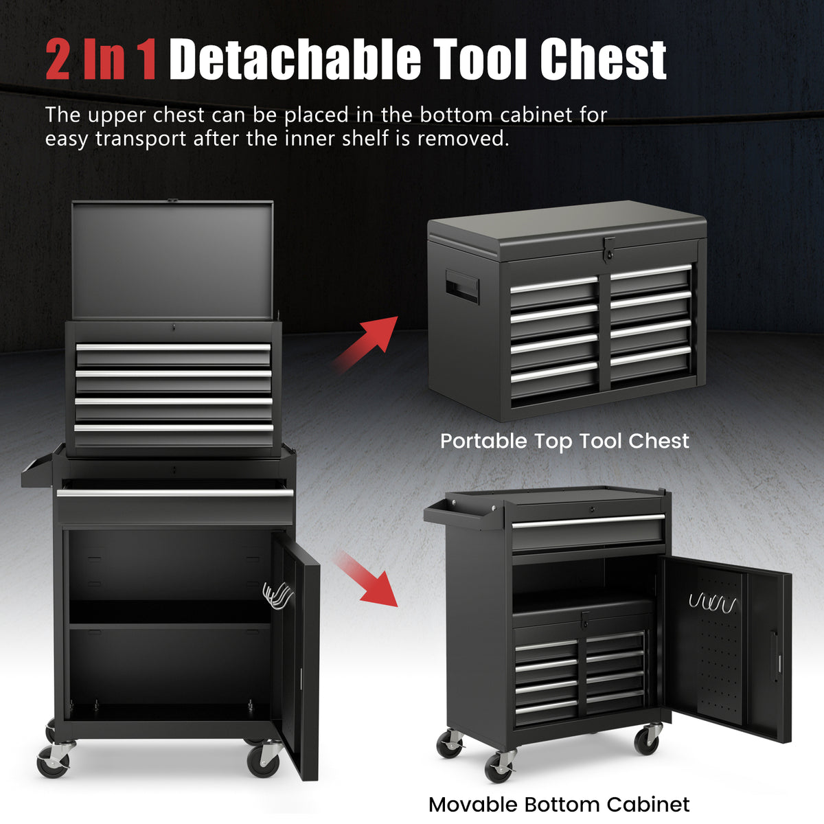 The garage storage unit demonstrating how the top chest detaches from the bottom cabinet