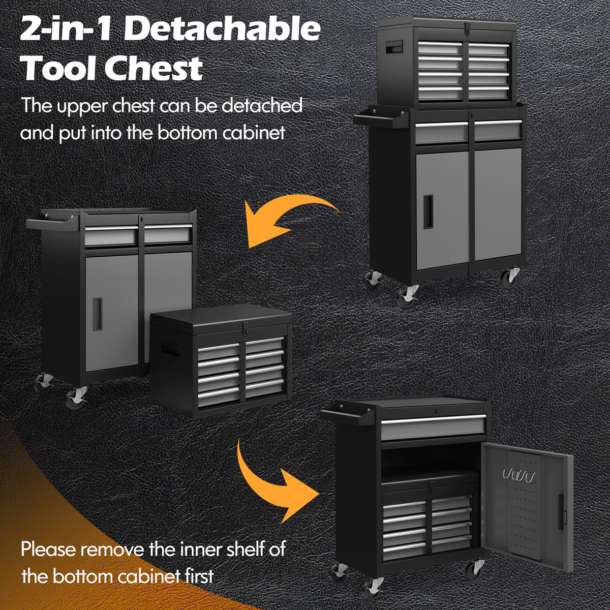 Diagram showing the two-part detachable tool storage cabinet can be separated