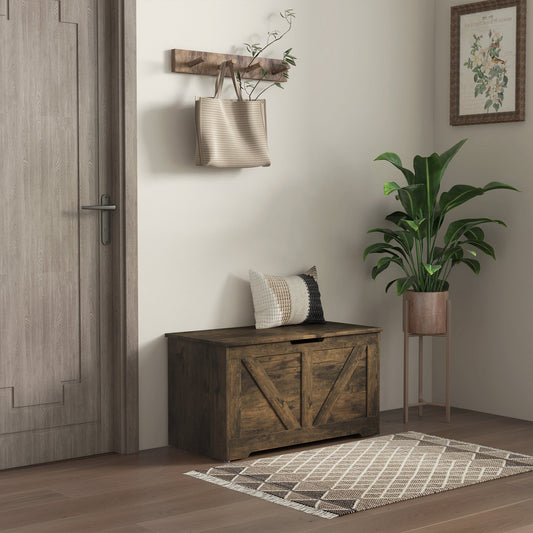 The rustic brown storage cabinet placed in a hallway next to a door and a plant