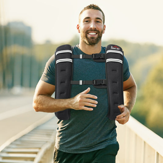 Man running wearing the weighted vest, showing it in use
