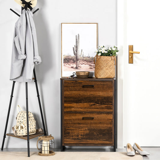 Wood-effect shoe storage cabinet in a hallway next to a coat rack and a door
