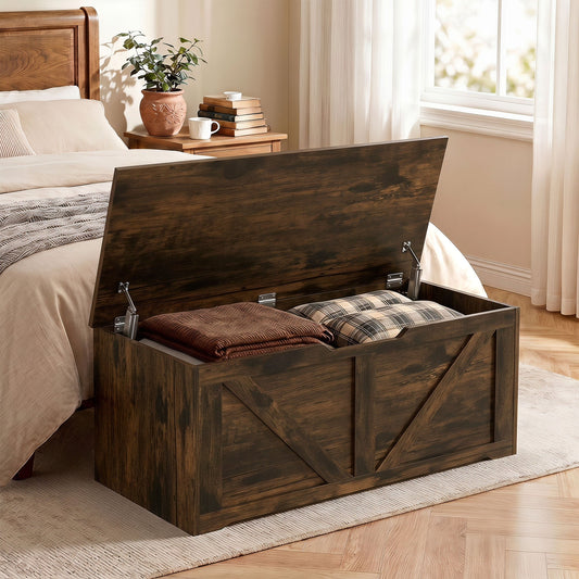 Rustic brown wood-effect storage box with lid open in a bedroom setting