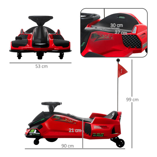 Dimensions of the red kids electric go kart, showing length, width and height