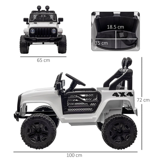 The ride-on car shown from the side and front with various dimension labels