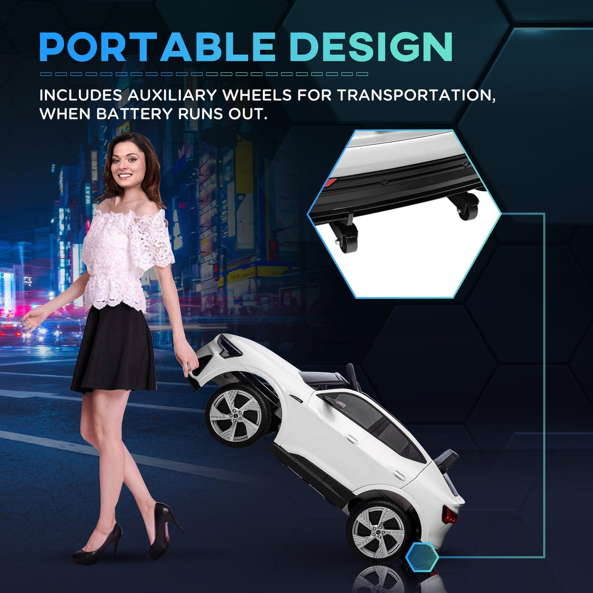 A woman pulls the white kids electric ride-on car using its auxiliary wheels