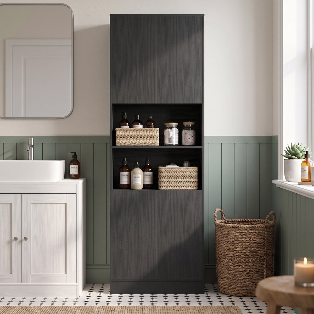 The black wood effect kitchen pantry cabinet standing in a bathroom next to a sink and basket