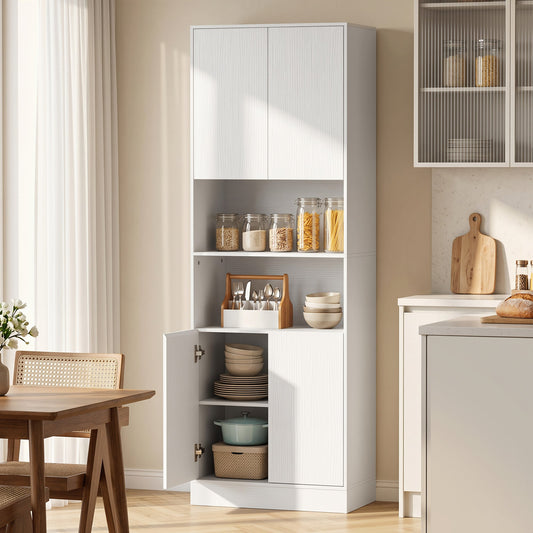 the kitchen pantry cabinet filled with jars, bowls and utensils in a domestic kitchen setting
