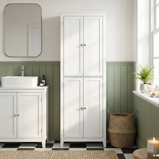 The bathroom cabinet placed in a stylish room next to a sink and mirror