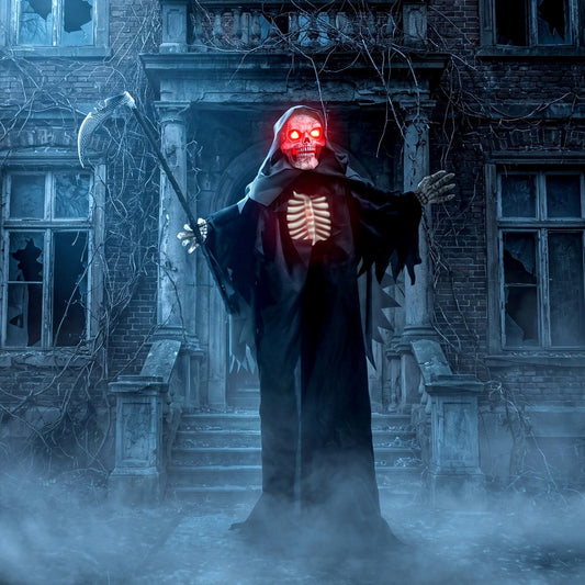 the animated grim reaper decoration in front of a spooky house