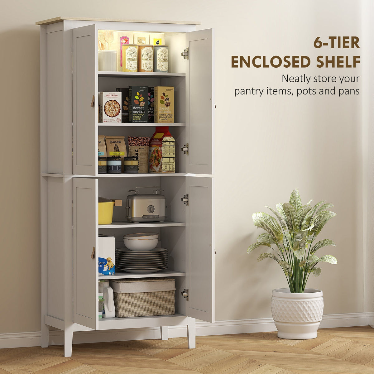 The pantry cupboard displaying the six tier storage shelves for kitchen items