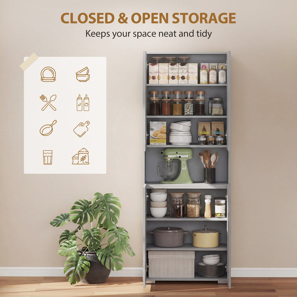 The pantry storage cabinet is open, revealing shelves filled with jars and kitchenware