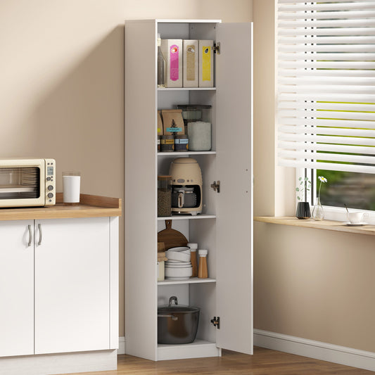The tall kitchen cupboard filled with food items and kitchen appliances on its five shelves