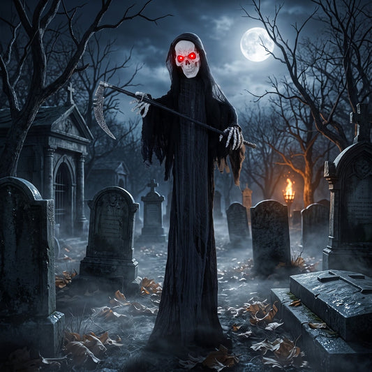 Animated grim reaper decoration in a spooky graveyard at night