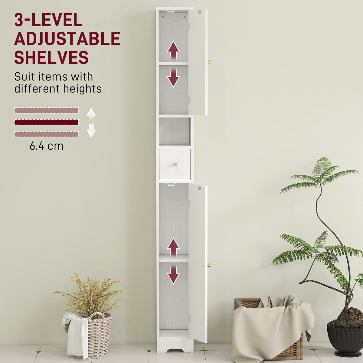 Adjustable shelves inside the white bathroom cabinet with arrows indicating height adjustment