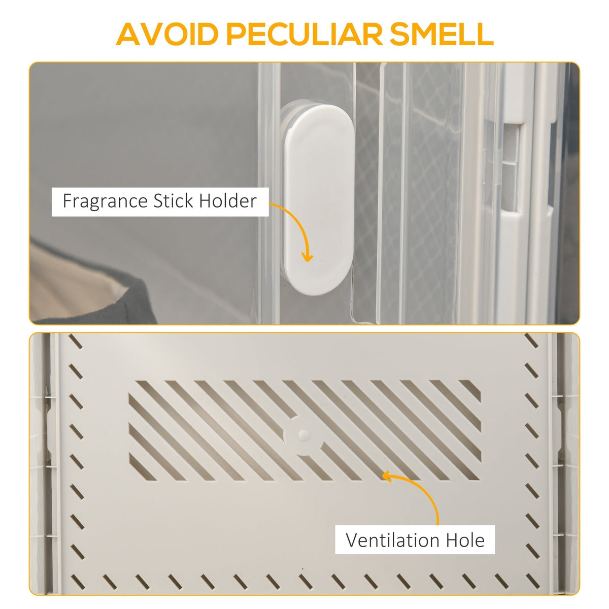 Close-up of a shoe storage box showing a fragrance stick holder and ventilation holes
