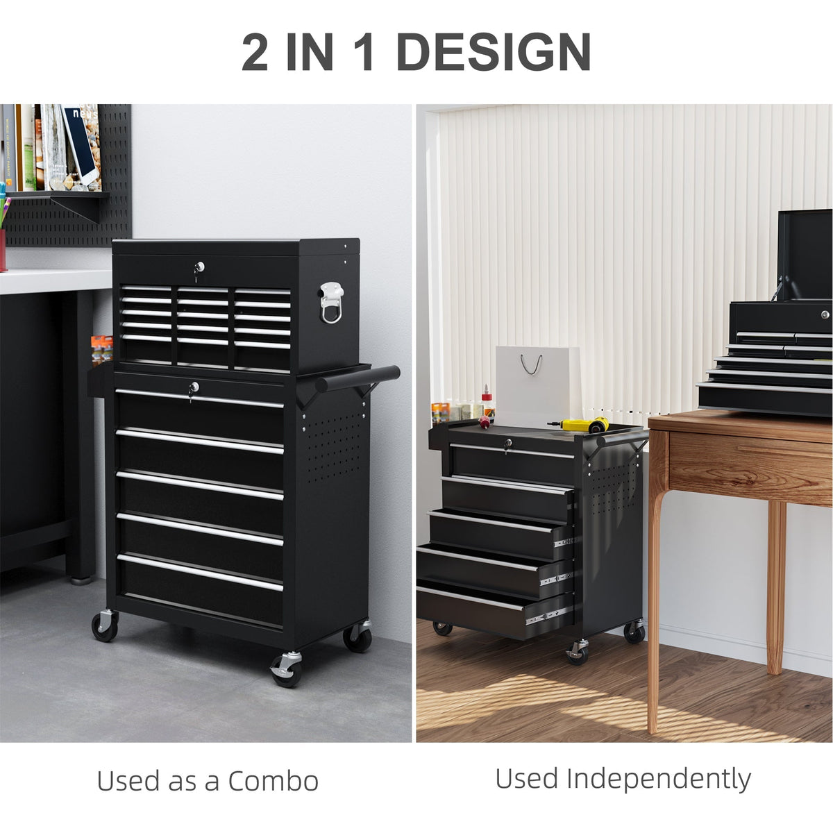 The black tool storage chest shown as one unit and also as two separate parts
