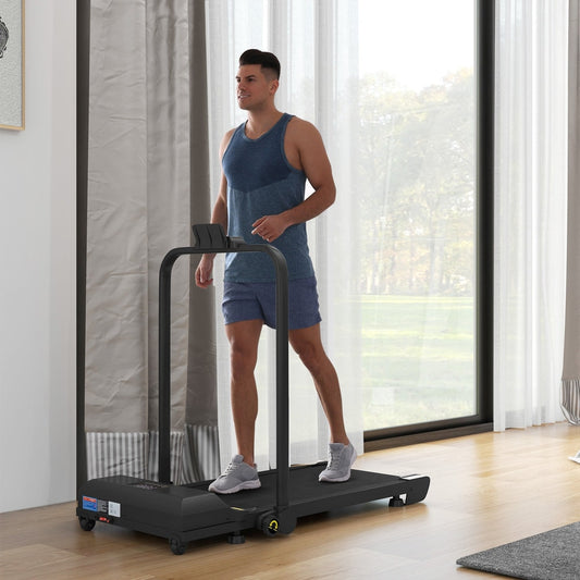 A man walking on the folding under desk treadmill in a modern room