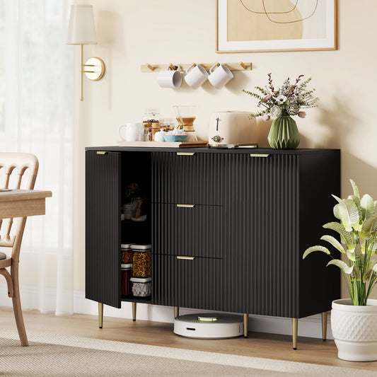 The storage cabinet placed in a living room with one door open and items on top