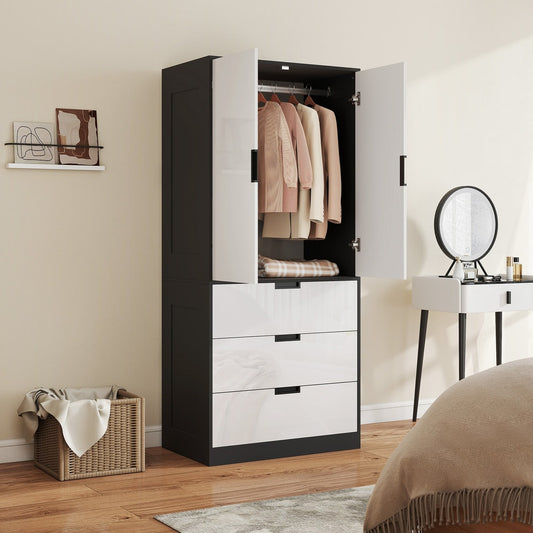 The modern wardrobe is shown open in a bedroom setting with clothes hanging inside