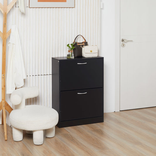 The shoe storage cabinet placed in a bright hallway next to a white chair and wooden coat rack