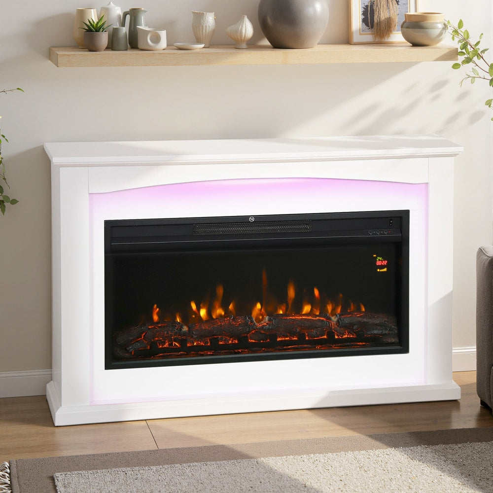 White electric fireplace with a pinkish purple light glow around the top edge