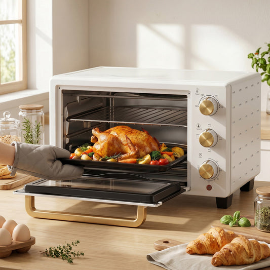 The small kitchen appliance with a roasted chicken on a tray being removed from the oven