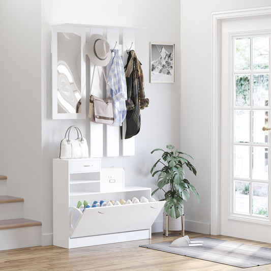 White shoe storage cabinet and coat rack unit with mirror in a hallway