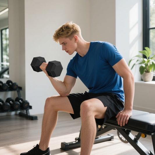 Man using a rubber hex dumbbell for bicep curls on a weight bench