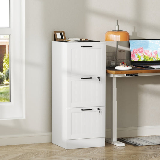 The white office storage cabinet next to a desk with a laptop and lamp