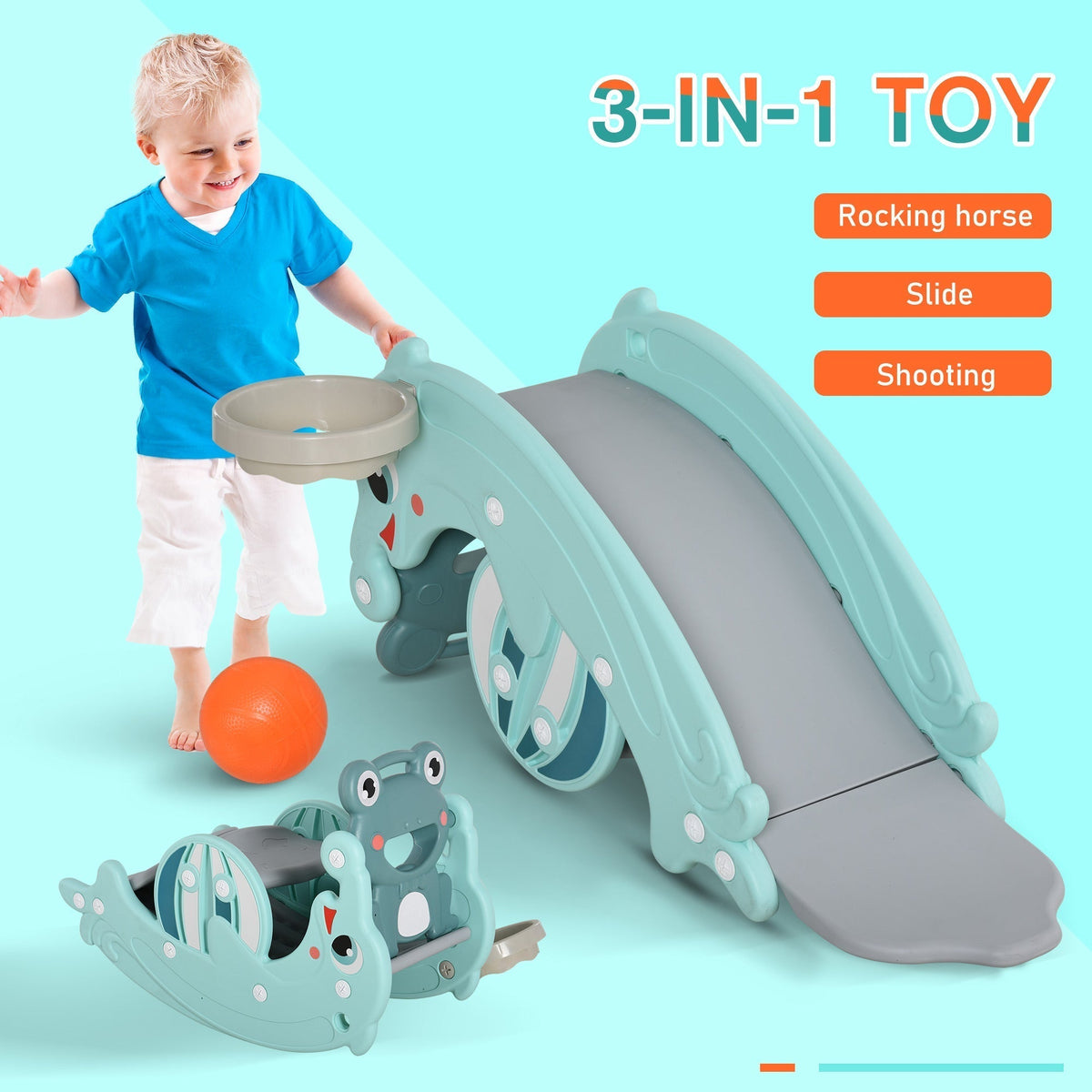 The multi-functional toy shown as a slide and a rocking horse with a child playing with a ball