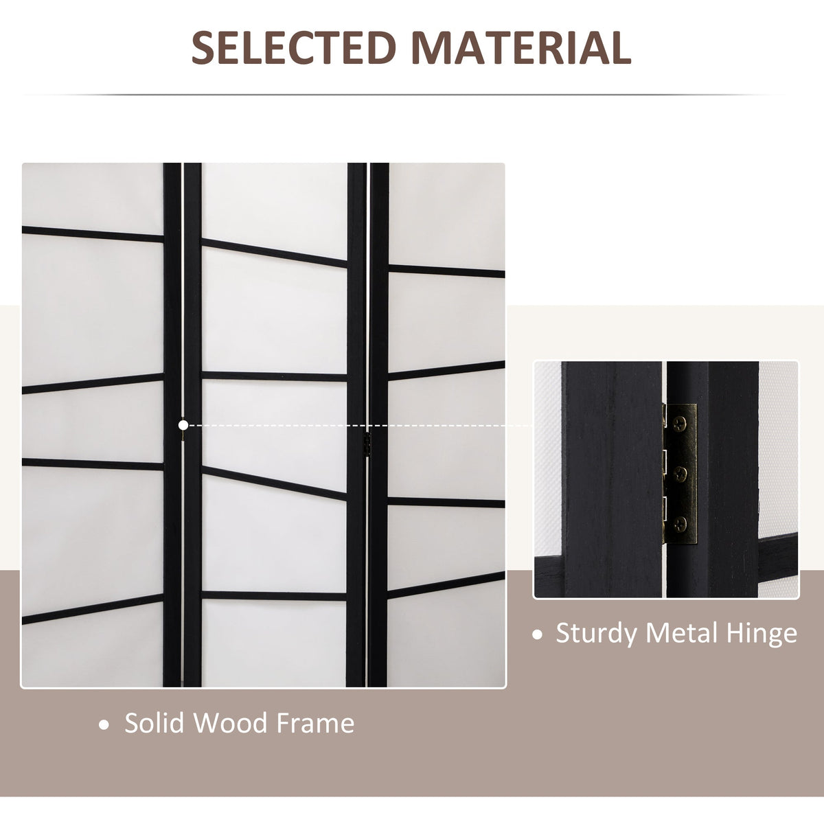 Close-up of the white folding privacy screen showing a solid wood frame and sturdy metal hinge