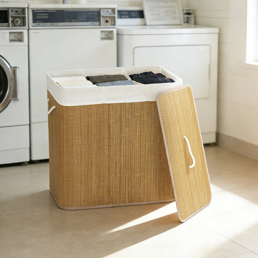 The bamboo laundry hamper is shown in a utility room with washing machines in the background