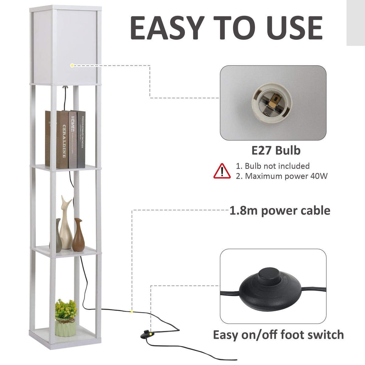 The floor lamp with storage shelves, showing the power cable and foot switch