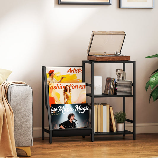 The side table with a record player on top and books and speakers on the shelves