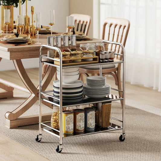 Kitchen storage trolley with plates, jars and cans on its shelves in a dining room