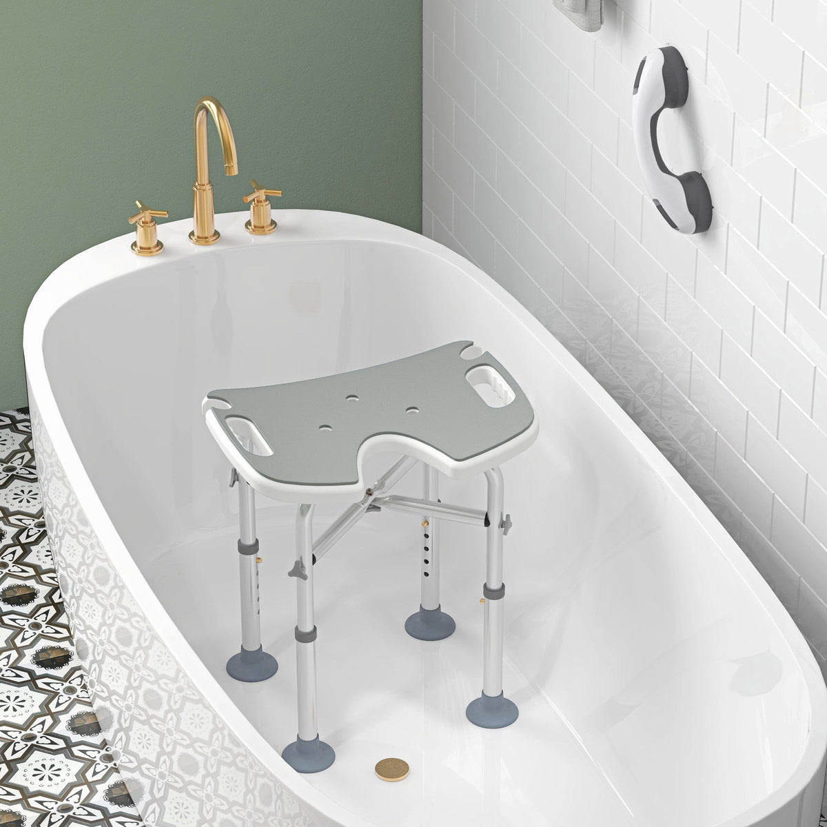 The shower stool positioned inside a white bathtub for safe bathing