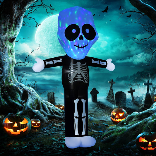 The Halloween inflatable skeleton ghost decoration in a spooky garden scene at night
